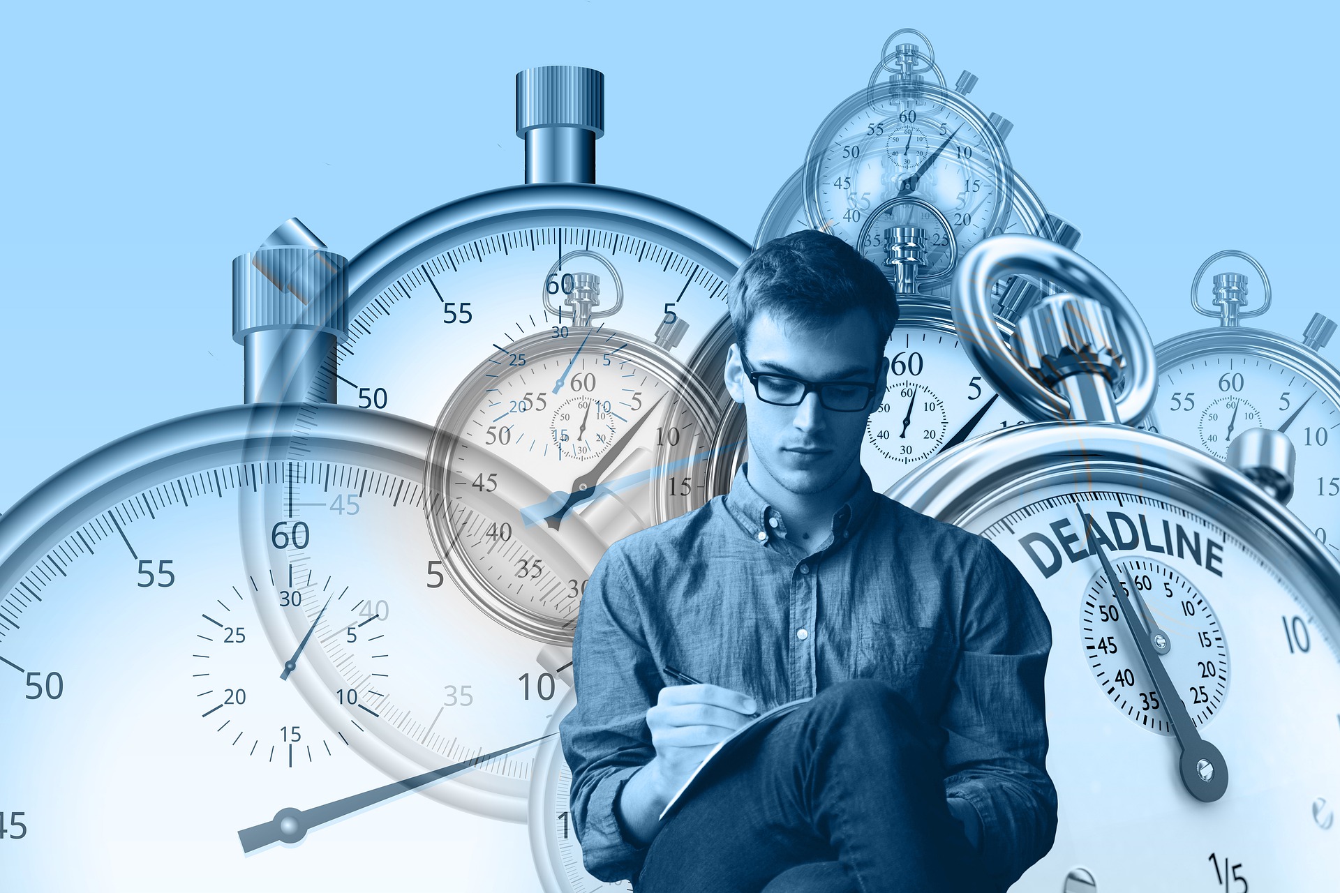 A man learning English with stopwatches behind him implying time management