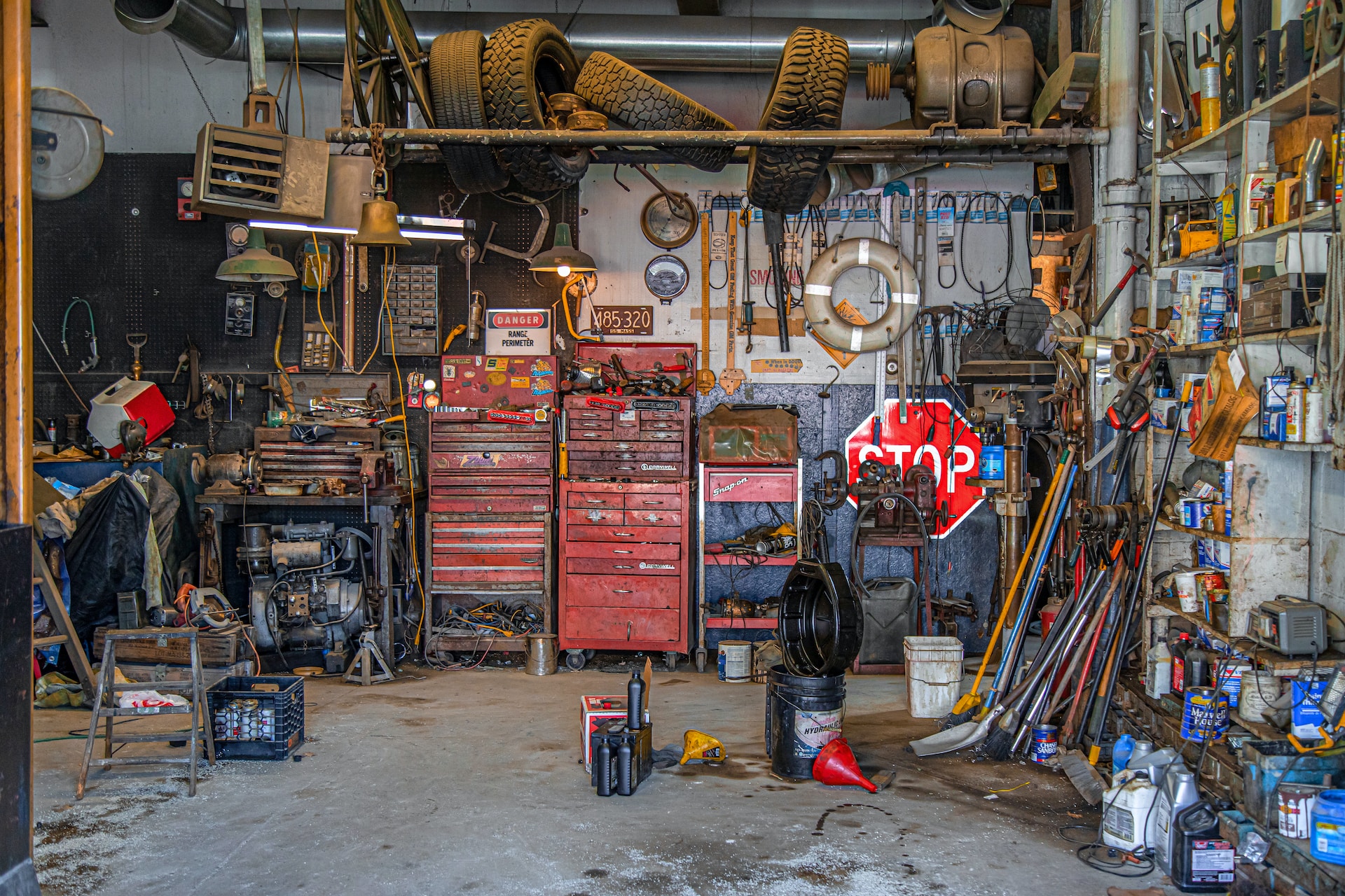 A picture of a cluttered mechanic's shop.