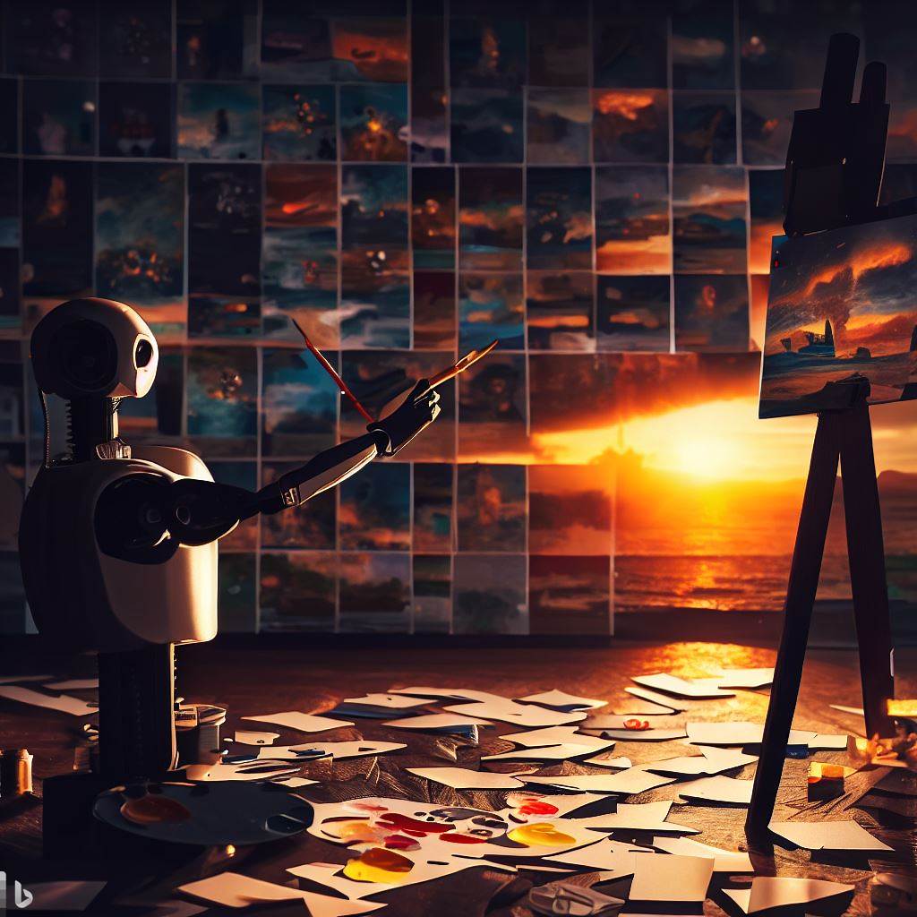 An AI image of a robot painting a sunset with photos of sunsets all over the wall.