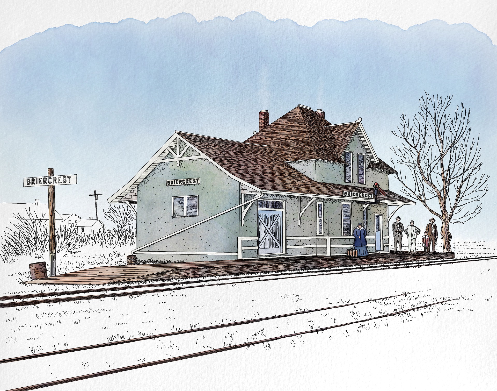 A drawing of Briercrest train station, with people waiting for the train